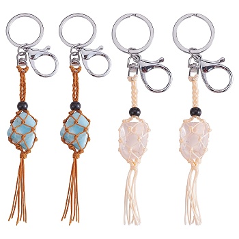 4Pcs  2 Colors Macrame Fringe Braided Keychain, Black Glass Bead Tassel Charm Key Ring for Handbag, Car Decoration, Wheat, Sandy Brown, 17.5cm, 2pcs/color