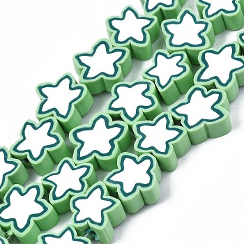 Handmade Polymer Clay Beads Strands, Star, Light Green, 8~10x8~10x3~4.5mm, Hole: 1.5mm, about 40pcs/strand, 12.60 inch~13.58inch (32~34.5cm)
