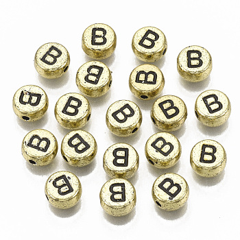 Plating Acrylic Beads, Horizontal Hole, Flat Round with Letter, Golden Plated, Black, Letter.B, 7x4mm, Hole: 1.2mm