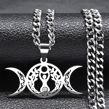 304 Stainless Steel Triple Goddess Pendant Necklaces, Curb Chains Necklaces for Women Men, Stainless Steel Color, 19.41 inch(49.3cm)