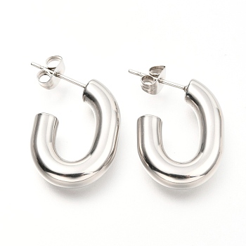 201 Stainless Steel Half Hoop Earrings, Stud Earrings, with 304 Stainless Steel Pin and Ear Nuts, Oval, Stainless Steel Color, 28x20x4.8mm, Pin: 0.8mm