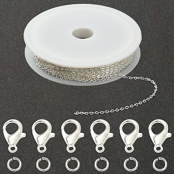 DIY Chain Bracelet Necklace Making Kit, Including Brass Heart Link Chains & Open Jump Rings, Zinc Alloy Lobster Claw Clasps, Silver, Chain: 3M/set