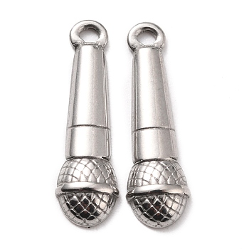304 Stainless Steel Pendants, Textured, Microphone, Stainless Steel Color, 20x6x2.5mm, Hole: 1.2mm
