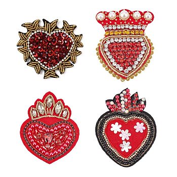 ARRICRAFT 4Pcs 4 Style Heart Cloth Patches, Glass Beaded Appliques, Stick On Patch, with Rhinestone, Costume Accessories, Red, 61~103x48~77x6~11mm, 1pc/style