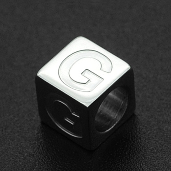 201 Stainless Steel European Beads, Large Hole Beads, Horizontal Hole, Cube, Stainless Steel Color, Letter.G, 7x7x7mm, Hole: 5mm