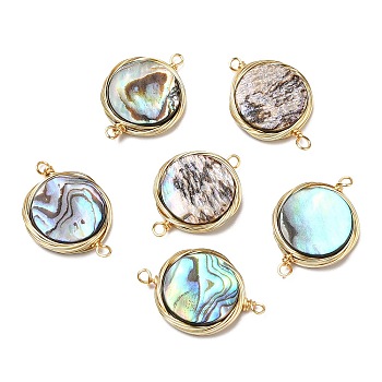 Natural Paua Shell Connector Charms, Flat Round Brass Wire Wrapped Links, Real 14K Gold Plated, 21x14x3.5mm, Hole: 1.4mm