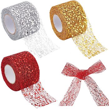 3 Rolls 3 Colors Glitter Sequin Deco Mesh Ribbons, Tulle Fabric, Tulle Roll Spool Fabric For Skirt Making, Mixed Color, 2 inch(50.5mm), 10 yards/roll(9.14m/roll), 1 roll/color