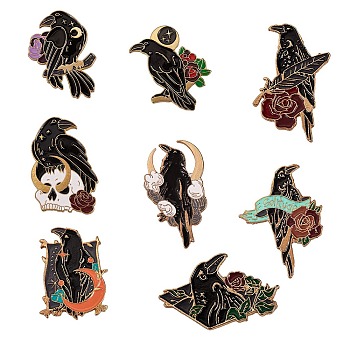 8Pcs 8 Style Crow Bird Enamel Pin, Alloy Enamel Brooch for Backpack Clothing, Light Gold, Mixed Color, 28~36x19~25x10mm, Pin: 1mm, 1pc/style