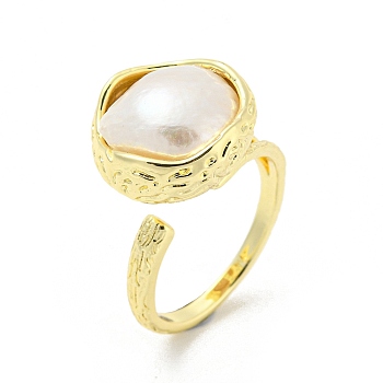 Brass Flat Round Open Cuff Rings, with Natural Pearl, Real 14K Gold Plated, US Size 6 3/4(17.1mm)