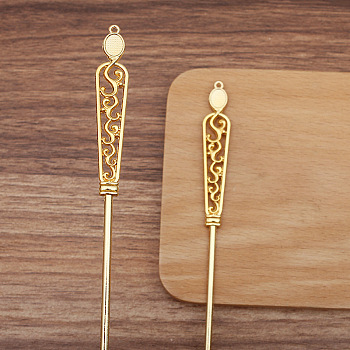 Alloy Hair Sticks Findings, Cabochons Setting, Flower, Golden, 182x12mm, Tray: 6x8mm