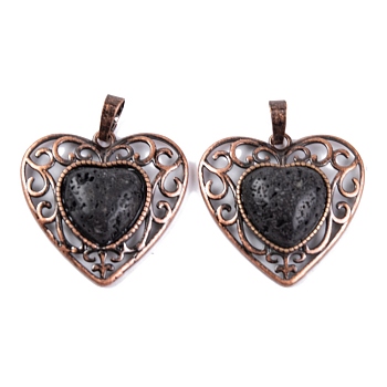 Natural Lava Rock Peach Love Heart Pendants, Rack Plating Brass Hollow Heart Charms, Cadmium Free & Lead Free, Red Copper, 29.5x30.5x7.5mm, Hole: 7.5x5mm