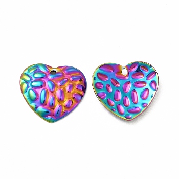 Ion Plating(IP) 304 Stainless Steel Pendants, Textured, Heart Charm, Rainbow Color, 14.5x16x2.5mm, Hole: 1.2mm