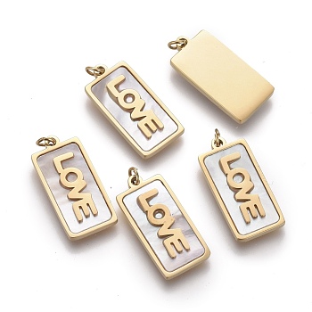 Natural Shell Pendants, with Golden Plated 316 Surgical Stainless Steel Findings and Jump Rings, Rectangle with Word Love, Seashell Color, 16.5x8x2mm, Jump Ring: 4x0.6mm, Inner Diameter: 2.8mm