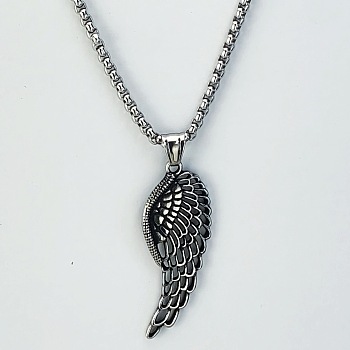 3Pcs Fashionable Retro Titanium Steel Punk Hollow Feather Wing Pendant Box Chain Necklaces for Men, Stainless Steel Color