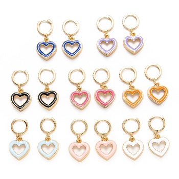 Brass Micro Clear Pave Cubic Zirconia Huggie Hoop Earrings, with Enamel, Heart, Golden, Mixed Color, 34mm, Pin: 1mm
