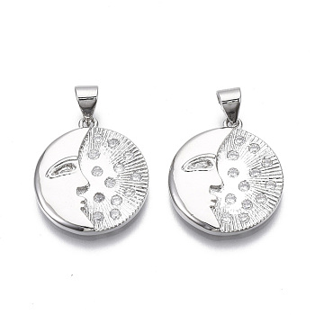 Brass Micro Pave Clear Cubic Zirconia Pendants, Nickel Free, Flat Round with Abstract Face, Real Platinum Plated, 20.5x18x3mm, Hole: 3.5mm