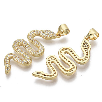 Brass Micro Pave Cubic Zirconia Pendants, with Brass Snap On Bails, Nickel Free, Snake, Clear, Real 16K Gold Plated, 29.5x12.5x2mm, Hole: 4x3.5mm