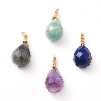 Wire Wrapped Faceted Natural Green Aventurine & Amethyst & Lapis Lazuli & Labradorite Pendants, with Golden Plated Brass Wire, Teardrop, 22~25mm, Hole: 1.6mm, teardrop: 13.5~14x10mm