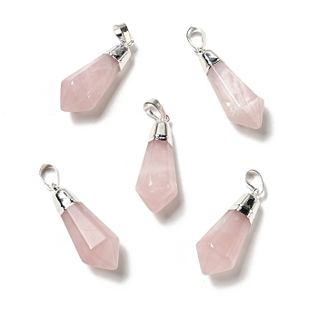 Natural Rose Quartz Pointed Pendants, with Silver Tone Brass Findings, Bullet, 35~36.5x13~13.5x12mm, Hole: 5x7mm