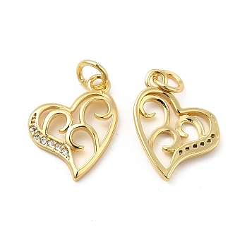 Brass Micro Pave Clear Cubic Zirconia Charms, with Jump Ring, Hollow Asymetrical Heart Charm, Real 18K Gold Plated, 15x13x2.5mm, Hole: 3.5mm