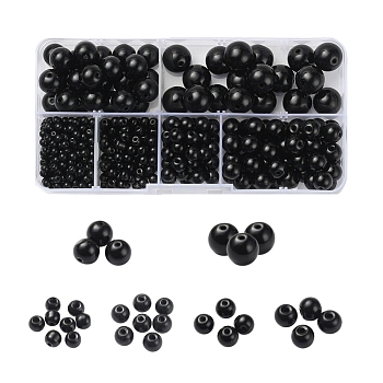 442Pcs 6 Style Glass Round Beads, Black, 3~12mm, hole: 0.5~1mm