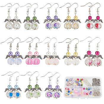 DIY Fairy Dangle Earring Making Kit, Including Glass Pearl Round Beads, Wing & Heart Alloy Bead Frame, Brass Earring Hooks, Mixed Color, 238Pcs/box