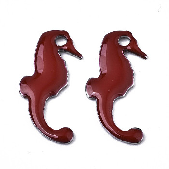 201 Stainless Steel Enamel Charms, Sea Horse, Stainless Steel Color, Brown, 15x7x1mm, Hole: 1.2mm