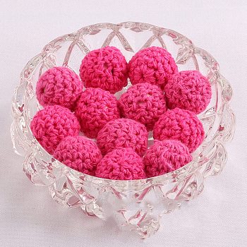Handmade Woolen Macrame Wooden Pom Pom Ball Beads, for Baby Teether Jewelry Beads DIY Necklace Bracelet, Deep Pink, 20mm
