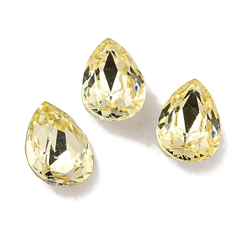 Glass Rhinestone Cabochons, Flat Back & Back Plated, Faceted, Teardrop, Jonquil, 6x4x2.5mm