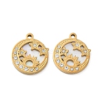 304 Stainless Steel & Natural Shell & Rhinestone Pendants, Golden, Ion Plating(IP), Long-Lasting Plated, Flat Round with Sun & Star, 17.5x15x2mm, Hole: 1.5mm(SA-CBA49D2-06G-01)