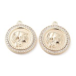 Brass Micro Pave Clear Cubic Zirconia Pendants, Cadmium Free & Nickel Free & Lead Free, Flat Round with Women Charm, Real 18K Gold Plated, 22x19.5x3mm, Hole: 1.8mm(KK-F871-40G)