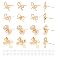 16Pcs 4 Styles Brass Stud Earring Findings, with Loop, Bowknot, with 30Pcs Plastic Ear Nuts, Golden, 8~14x9~16mm, Hole: 0.7~1.2mm, 4Pcs/style(KK-AR0003-71)