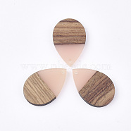 Resin & Walnut Wood Pendants, Teardrop, Misty Rose, 28x19x3.5mm, Hole: 2mm(RESI-T035-08E)