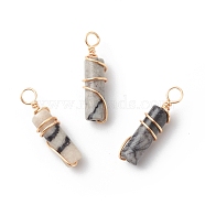 Natural Netstone Pendants, with Golden Tone Copper Wire Wrapped, Column Charm, 18.5~20x5~5.5mm, Hole: 2.5mm(PALLOY-JF01817-02)