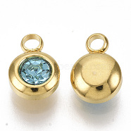 Rhinestone Charms, March Birthstone Charms, with 201 Stainless Steel, Flat Round, Golden, Aquamarine, 9x6.5x4mm, Hole: 1.8mm(STAS-S105-JN920-3)