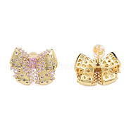 Cubic Zirconia Bowknot Stud Earrings, Golden Brass Jewelry for Women, Nickel Free, Pink, 17x20.5mm, Pin: 0.7mm(EJEW-N011-66)