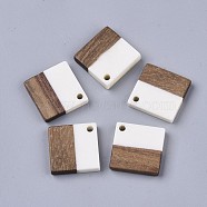 Resin & Walnut Wood Pendants, Rhombus, White, 24x24x3~4mm, Hole: 2mm(RESI-S358-53K)