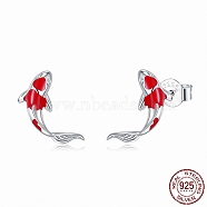 Rhodium Plated 925 Sterling Silver Stud Earrings, with Cubic Zirconia and Ear Nuts, Koi, Platinum, 12x12mm(STER-BB72115)