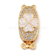 Brass Micro Pave Cubic Zirconia Box Clasps, with Resin, Oval with Clover, 2-Strand, 4-Hole, Real 18K Gold Plated, 23.5x10.5x7mm, Hole: 1.2mm(KK-U037-21G)