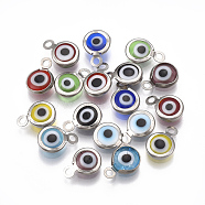 Handmade Lampwork Charms, with 304 Stainless Steel Findings, Flat Round with Evil Eye, Stainless Steel Color, 9.5x6.5x2.5mm, Hole: 1.5mm(STAS-T041-01)