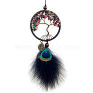 Wrapped Tree of Life Mixed Gemstone Pendant Decorations, Iron Woven Web/Net with Feather Car Hanging Decorations, Mixed Color, 370x70mm(PW-WG12050-01)