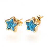 Resin Imitation Druzy Crystal Stud Earrings, with Brass Findings, Star, Golden, Deep Sky Blue, 8x8x4mm, Pin: 0.7mm(EJEW-O081-A)