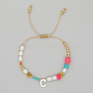 Initial Letter Natural Pearl Braided Bead Bracelet, Adjustable Bracelet, Letter C, 11 inch(28cm)(LO8834-03)