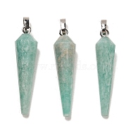 Natural Amazonite Pointed Pendants, Faceted Cone Charms with Platinum Plated Barss Snap on Bails, 35~35.5x8~8.5mm, Hole: 6.5x4mm(G-D089-01P-01)