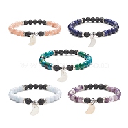 Natural & Synthetic Mixed Gemstone Beaded Stretch Bracelet, Natural Shell Moon Charms Adjustable Bracelet for Women, Inner Diameter: 2-1/8 inch(5.3cm)(BJEW-JB09260)