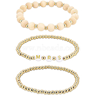 BENECREAT 6Pcs 3 Style Word Mrs Stretch Bracelets Set, Brass Beads, Natural Unfinished Wood & Brass & Acrylic Bracelets for Women, Golden, Inner Diameter: 2-1/8 inch(5.5cm), 2Pcs/style(BJEW-BC0002-06)