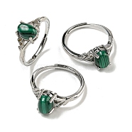 Oval Natural Malachite Adjustable Rings, Brass Clear Cubic Zirconia Ring for Women, Long-Lasting Plated, Lead Free & Cadmium Free, Platinum, Inner Diameter: 18mm(RJEW-Q818-01P-07A)