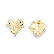 Clear Cubic Zirconia Heart Stud Earrings, Brass Jewelry for Women, Real 18K Gold Plated, 19.5x20mm, Pin: 0.9mm(EJEW-P205-07G)