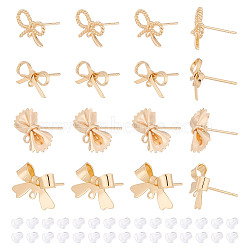 16Pcs 4 Styles Brass Stud Earring Findings, with Loop, Bowknot, with 30Pcs Plastic Ear Nuts, Golden, 8~14x9~16mm, Hole: 0.7~1.2mm, 4Pcs/style(KK-AR0003-71)