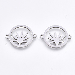 201 Stainless Steel Links connectors, Laser Cut Links, Flat Round with Pot Leaf/Hemp Leaf Shape, Stainless Steel Color, 15.5x19.5x1mm, Hole: 1.5mm(STAS-S106-43P)